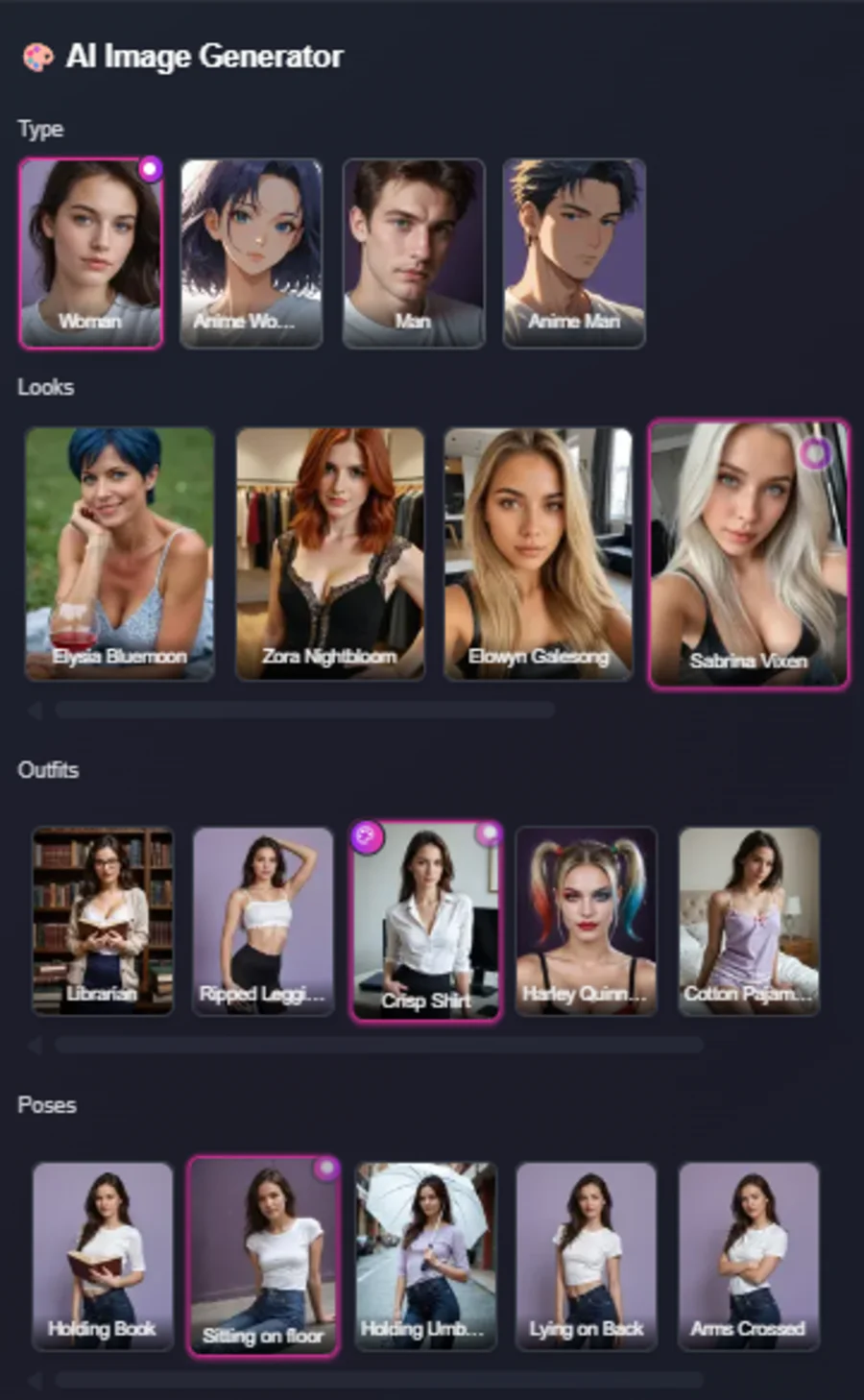 FlirtCam’s AI image generator, with type, looks, outfits and pose options
