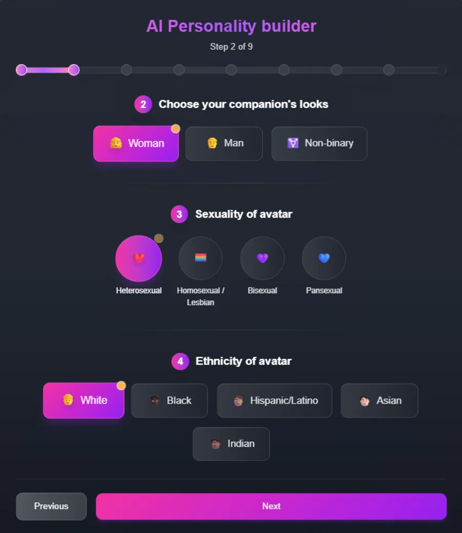 FlirtCam’s AI personality builder, choosing appearance, sexuality and ethnicity