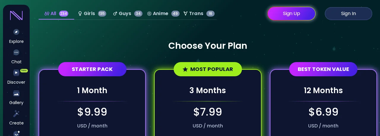 Infatuated.AI’s current pricing grid: three plans with a monthly token allowance