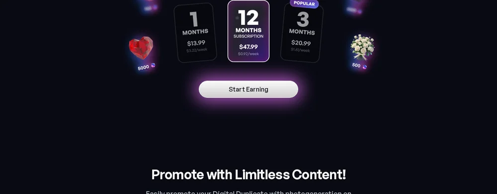 Die Fan-Abostufen von JOI AI, von einem bis zwölf Monaten, mit dem Button „Start Earning“
