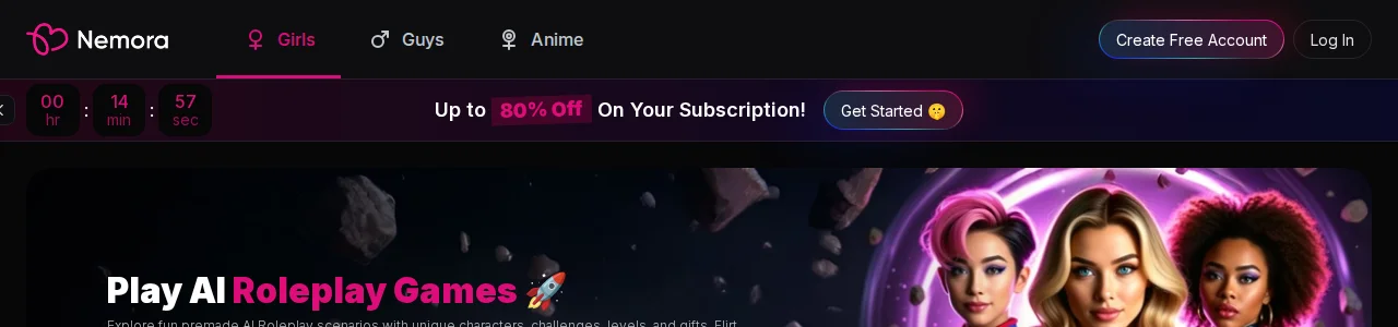 Nemora’s “up to 80% off” banner with a countdown that resets on every page load