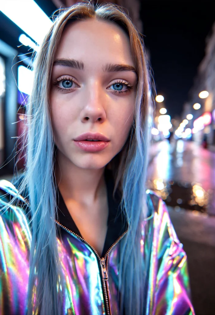 Ein „Streamer“-Charakter aus Nemoras Katalog, aufgenommen als neonbeleuchtetes Straßen-Selfie