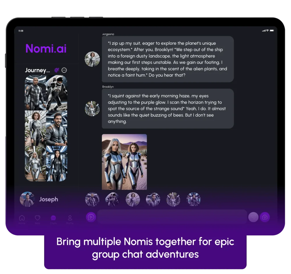 Nomi group chat, several companions roleplaying together in a sci-fi scene