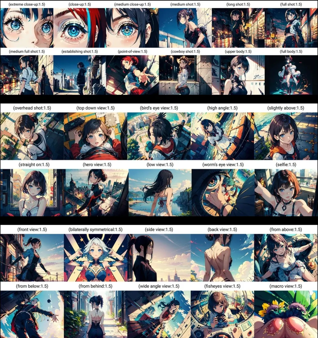 Grid of anime renders illustrating close-up, elevated and orientation camera angles