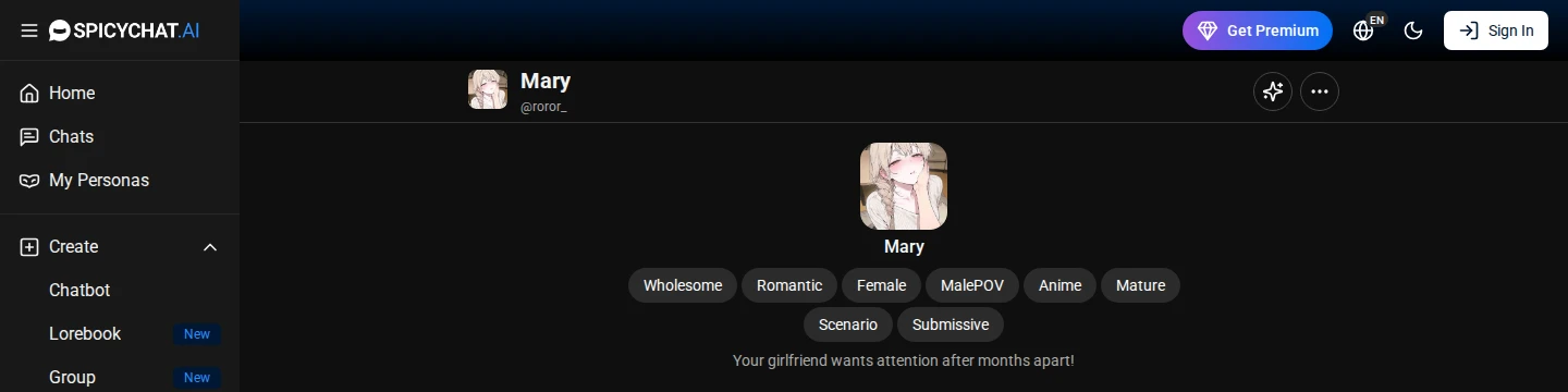 A single SpicyChat character card, showing the tag stack (Wholesome, Romantic, MalePOV, Anime, Mature, Submissive) that stands in for editorial curation