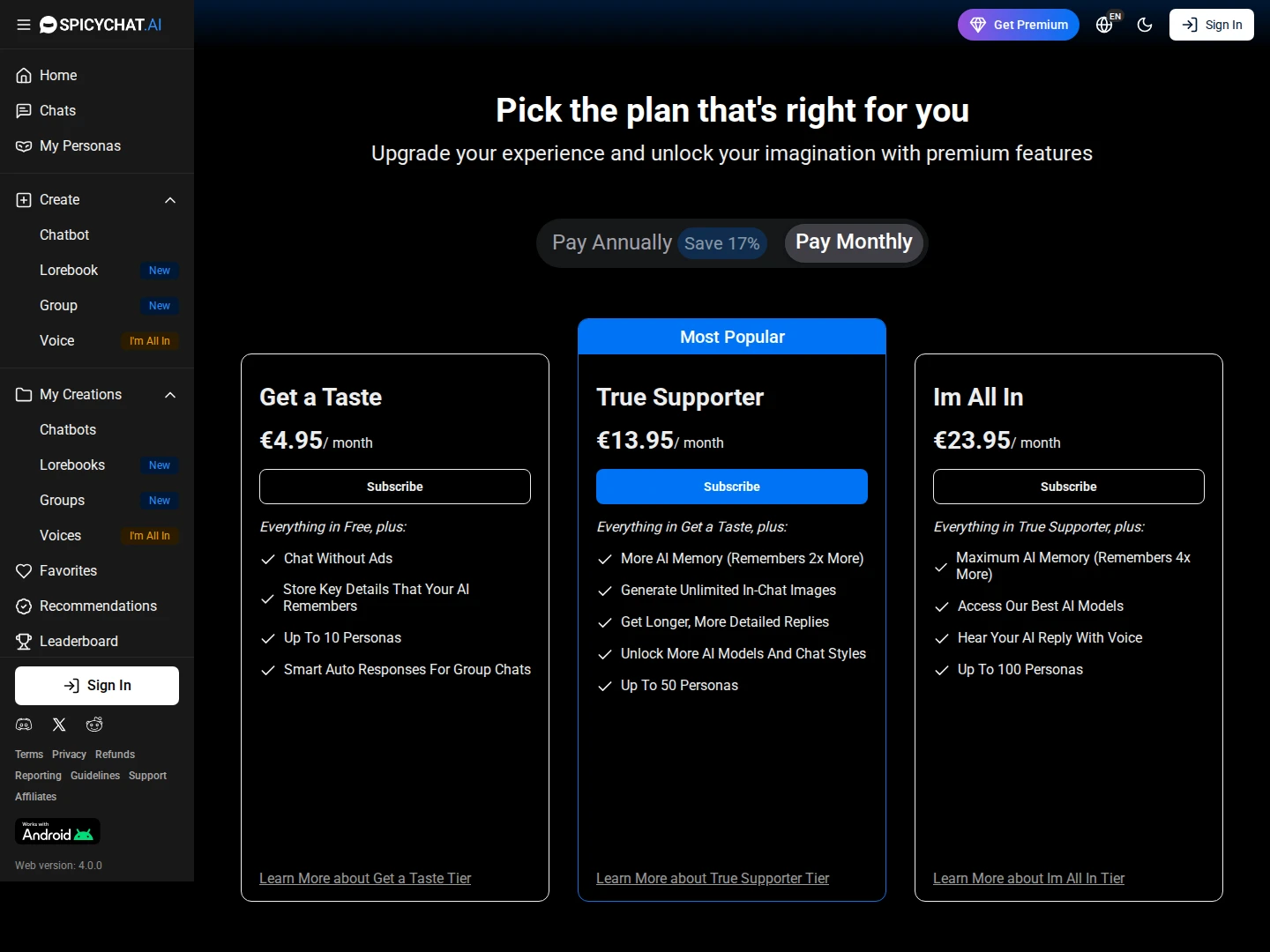 SpicyChat’s pricing page, showing the three paid tiers, Get a Taste, True Supporter and I’m All In, with their monthly prices and feature lists